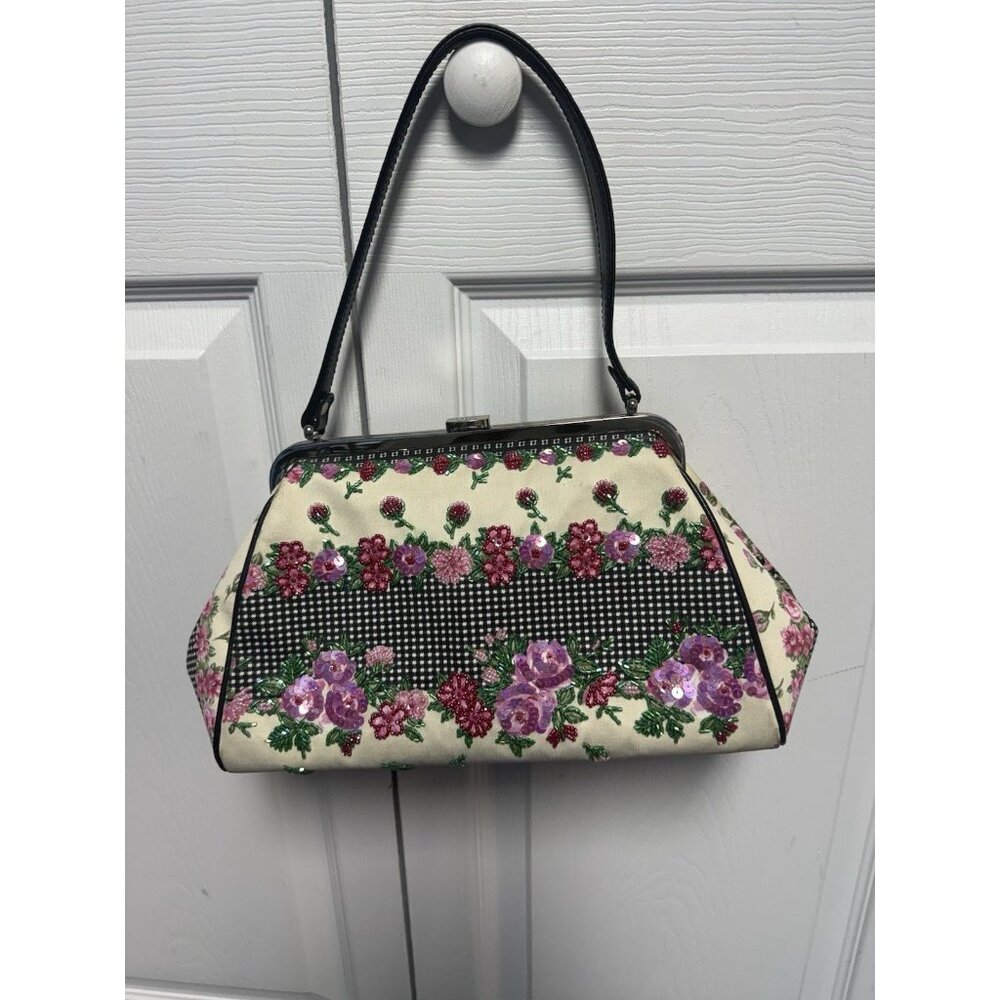 Isabella Fiore Floral Checkered Black Leather Sequined Beaded Handbag Purse Rare